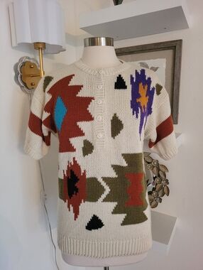 Vintage Colter Bay Cream Knit Aztec Geometric Patterned Short Sleeve Sweater L